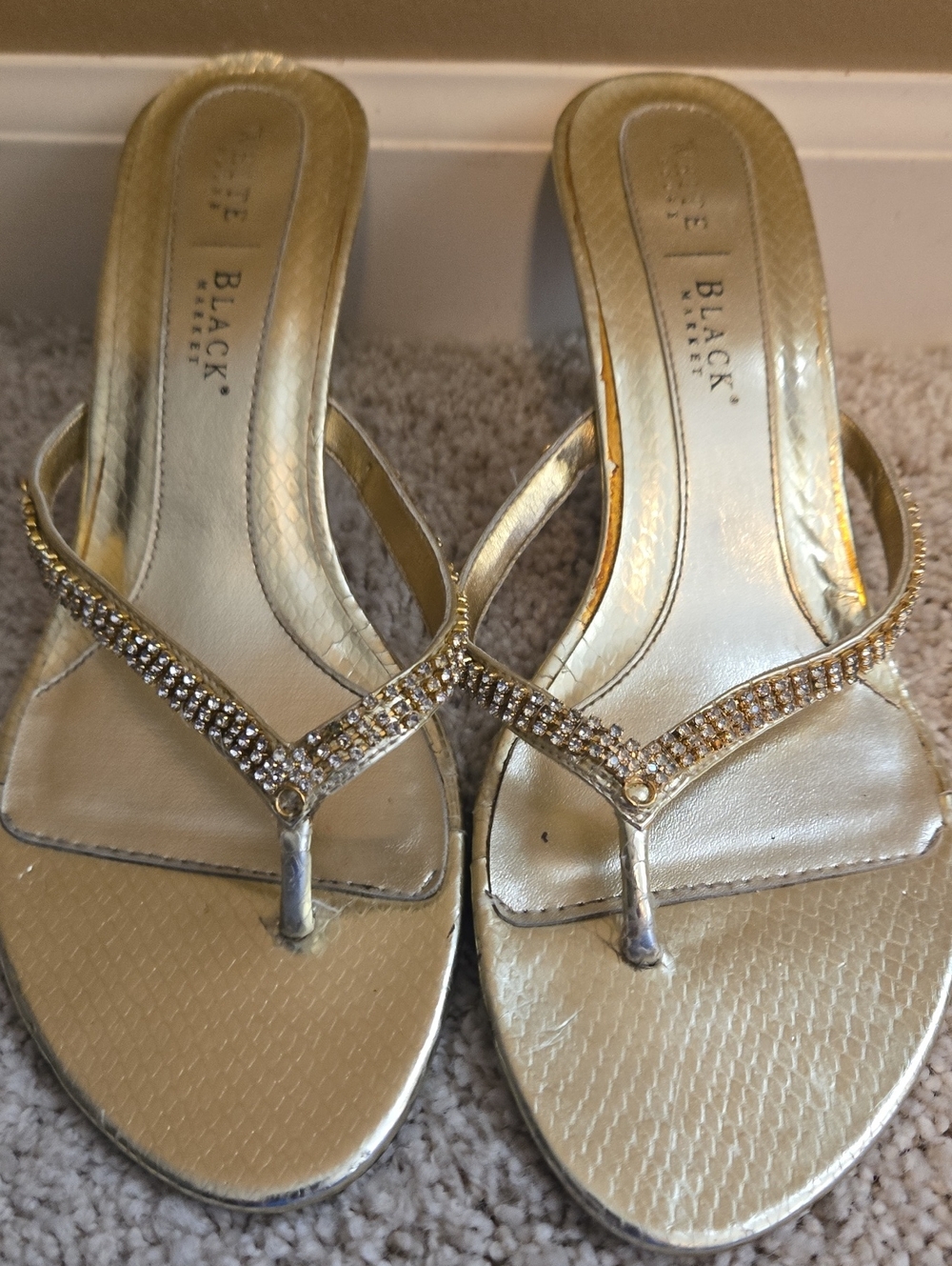 White House Black Market Gold Rhinestone Thong Sandals